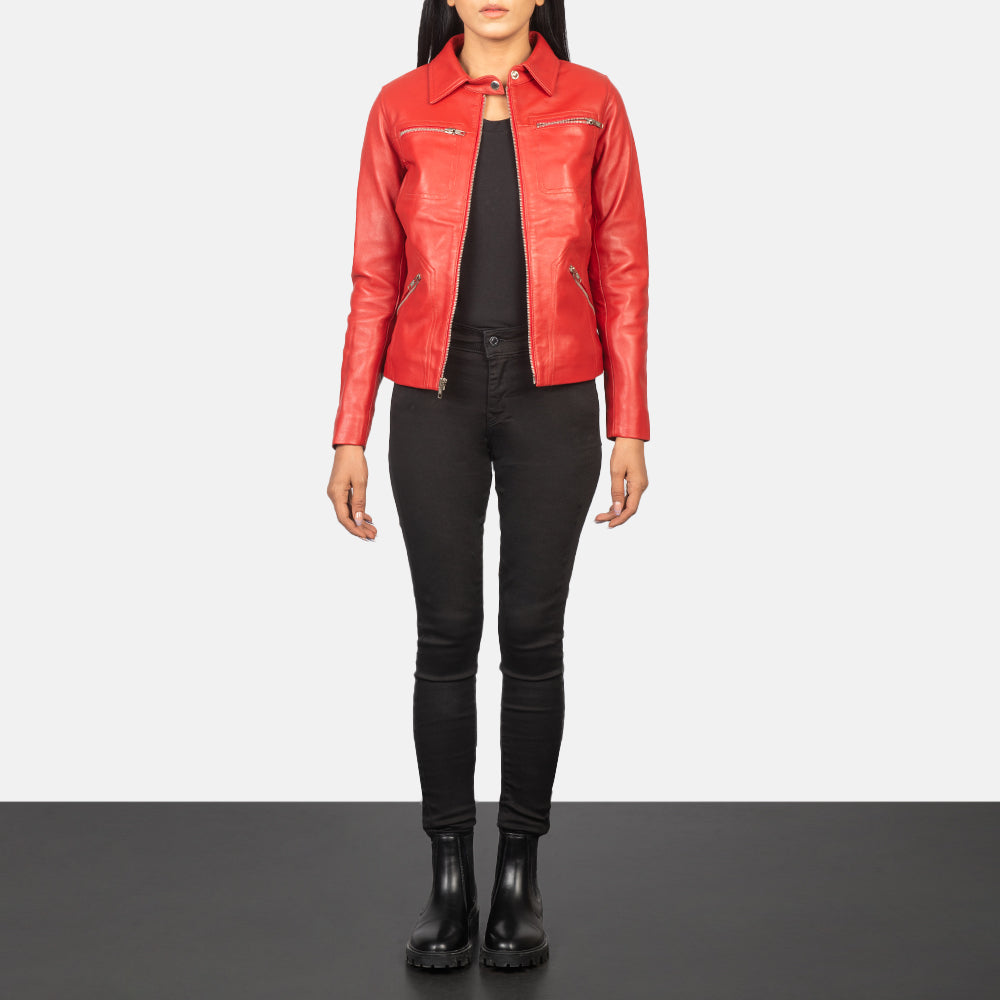Tomachi Red Leather Jacket - women's jacket in red sheepskin leather, view 3