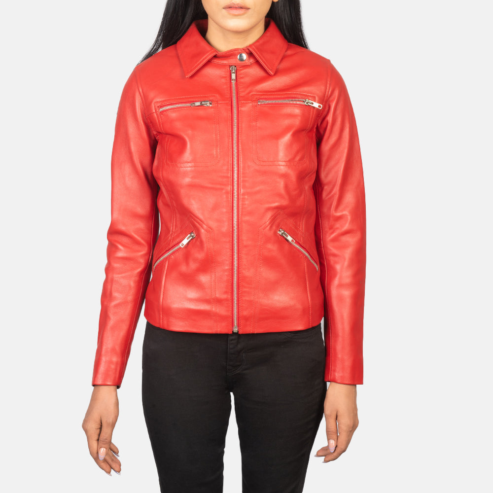 Tomachi Red Leather Jacket - women's jacket in red sheepskin leather, view 4