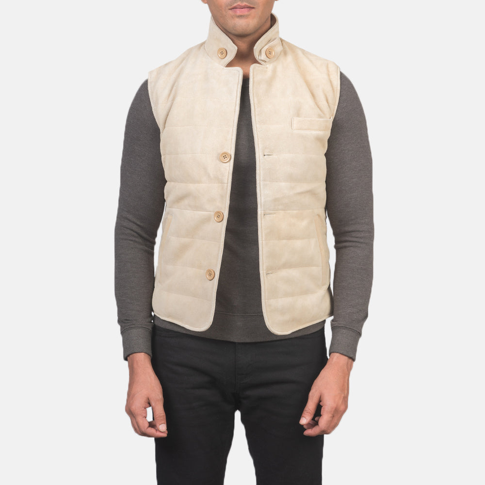Tony Off-White Suede Vest - men's vest in off-white suede leather, view 1