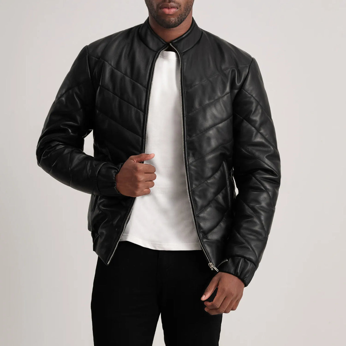 Travis Black Leather Puffer Jacket - men's jacket in black sheepskin leather, view 1