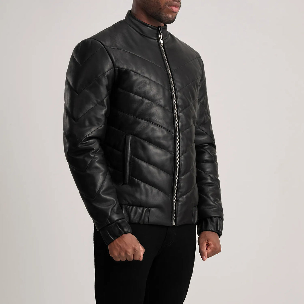 Travis Black Leather Puffer Jacket - men's jacket in black sheepskin leather, view 2