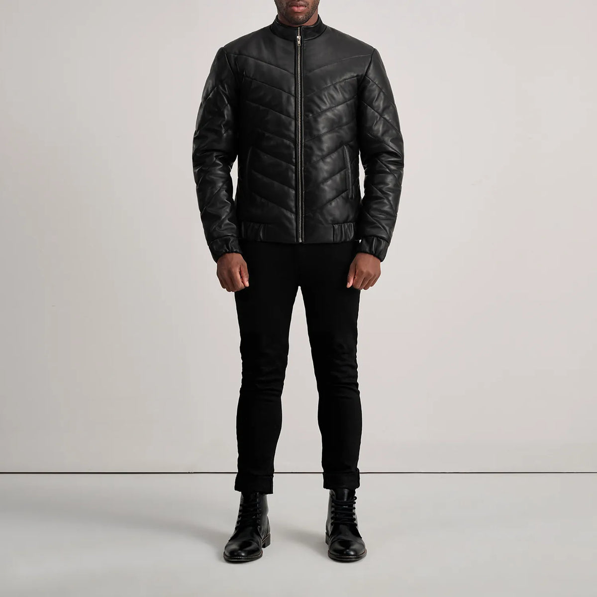 Travis Black Leather Puffer Jacket - men's jacket in black sheepskin leather, view 3