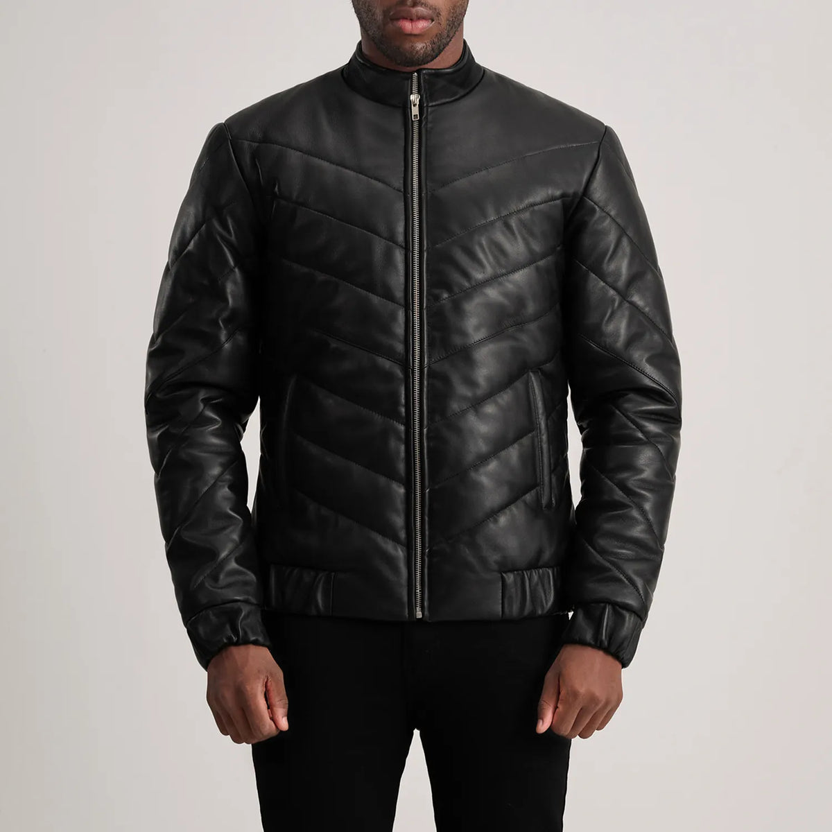 Travis Black Leather Puffer Jacket - men's jacket in black sheepskin leather, view 4