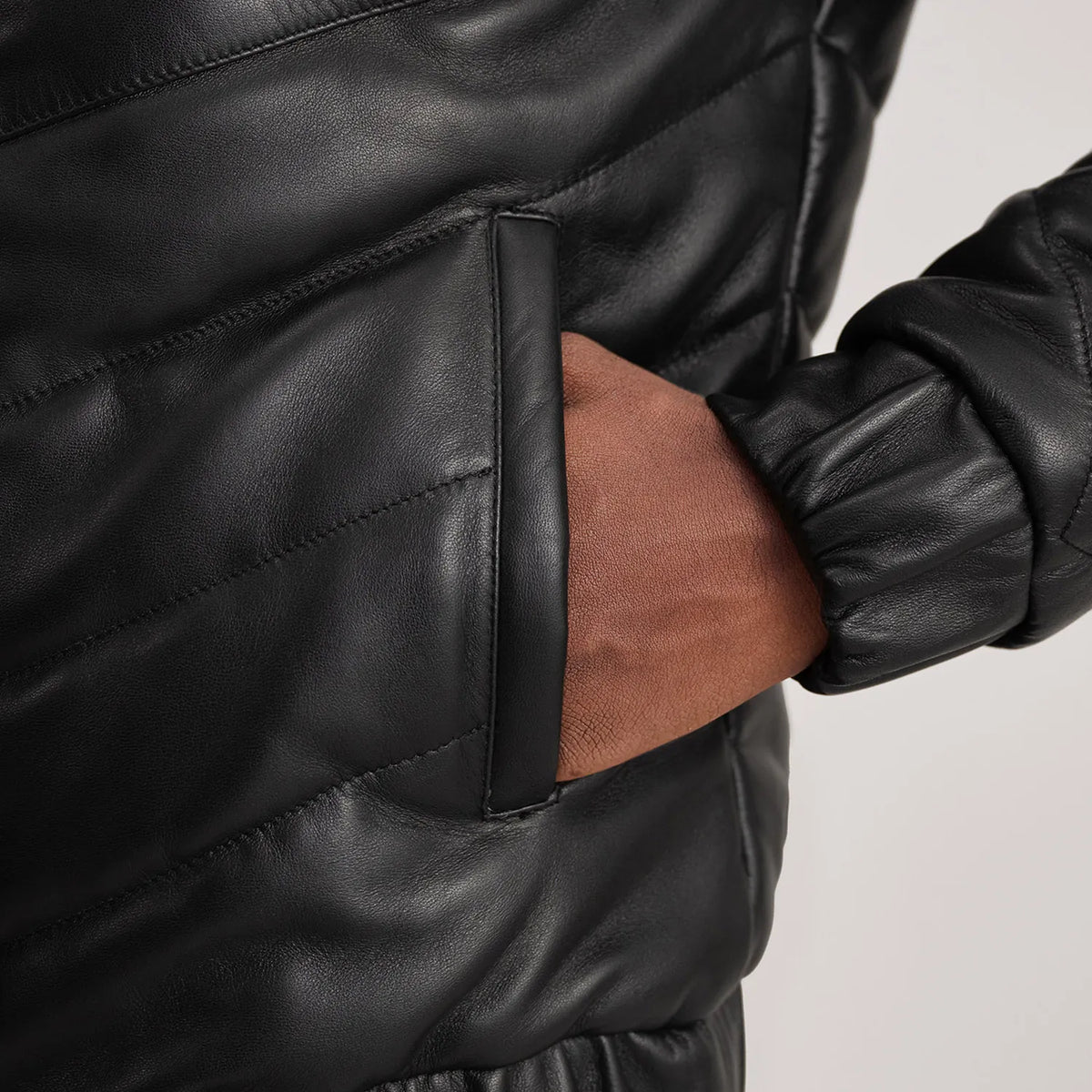 Travis Black Leather Puffer Jacket - men's jacket in black sheepskin leather, view 6