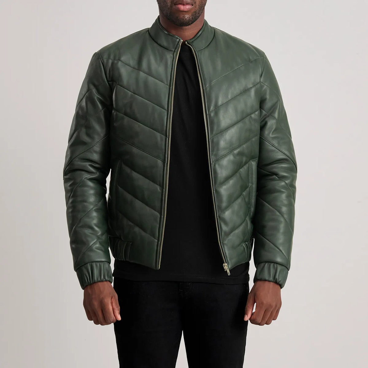 Travis Green Leather Puffer Jacket - men's jacket in green sheepskin leather, view 1