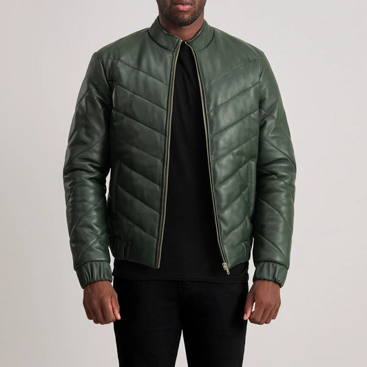 Travis Green Leather Puffer Jacket - men's jacket in green sheepskin leather, view 1