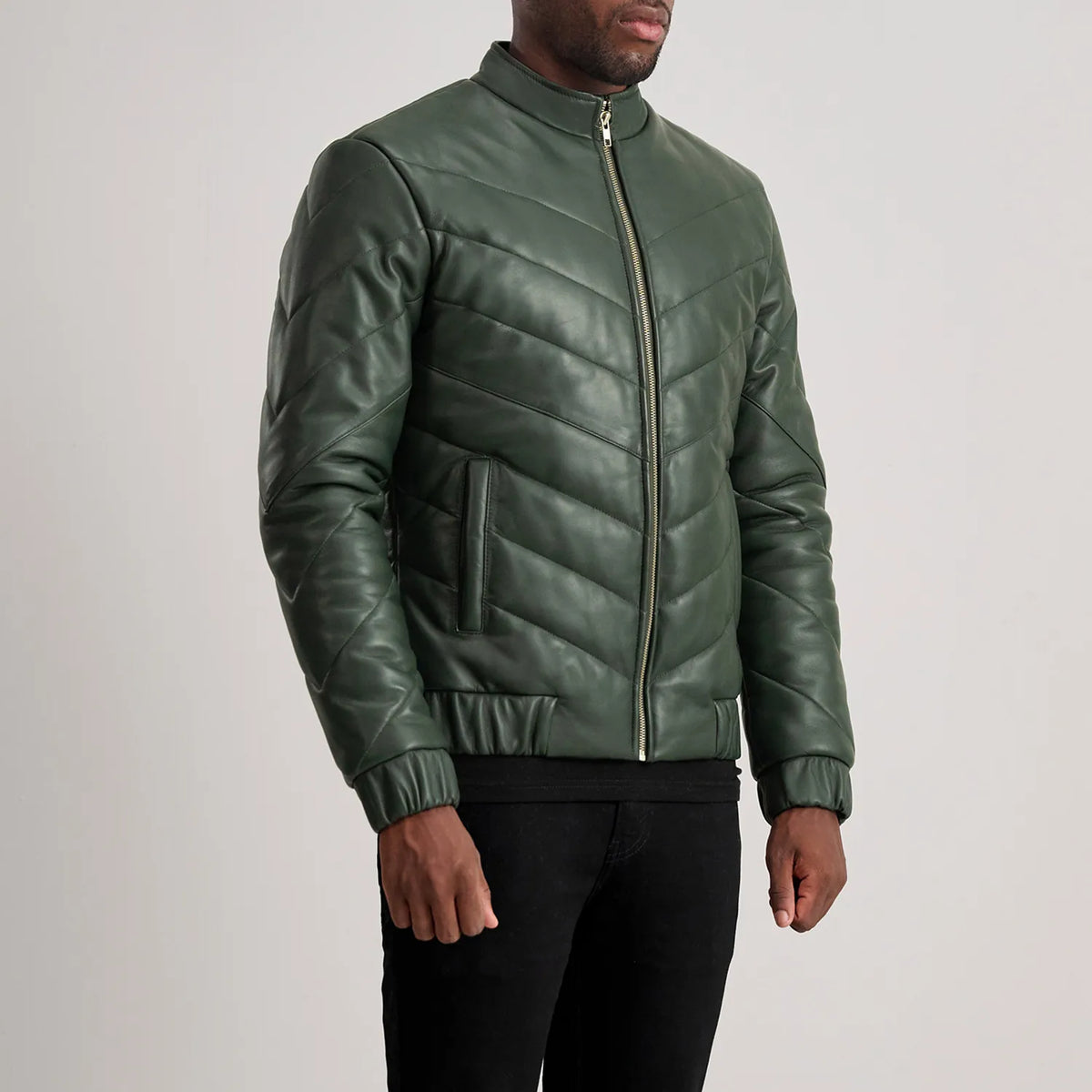Travis Green Leather Puffer Jacket - men's jacket in green sheepskin leather, view 2