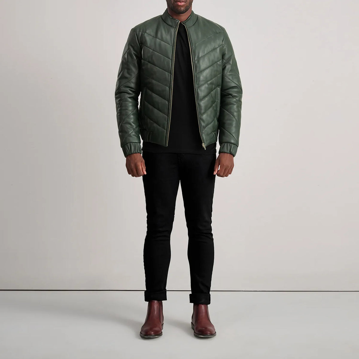 Travis Green Leather Puffer Jacket - men's jacket in green sheepskin leather, view 3