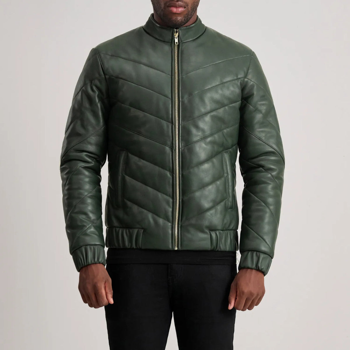 Travis Green Leather Puffer Jacket - men's jacket in green sheepskin leather, view 4