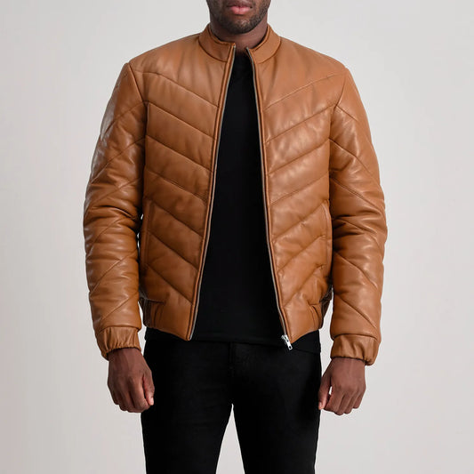 Travis Tan Leather Puffer Jacket - men's jacket in tan sheepskin leather, view 1