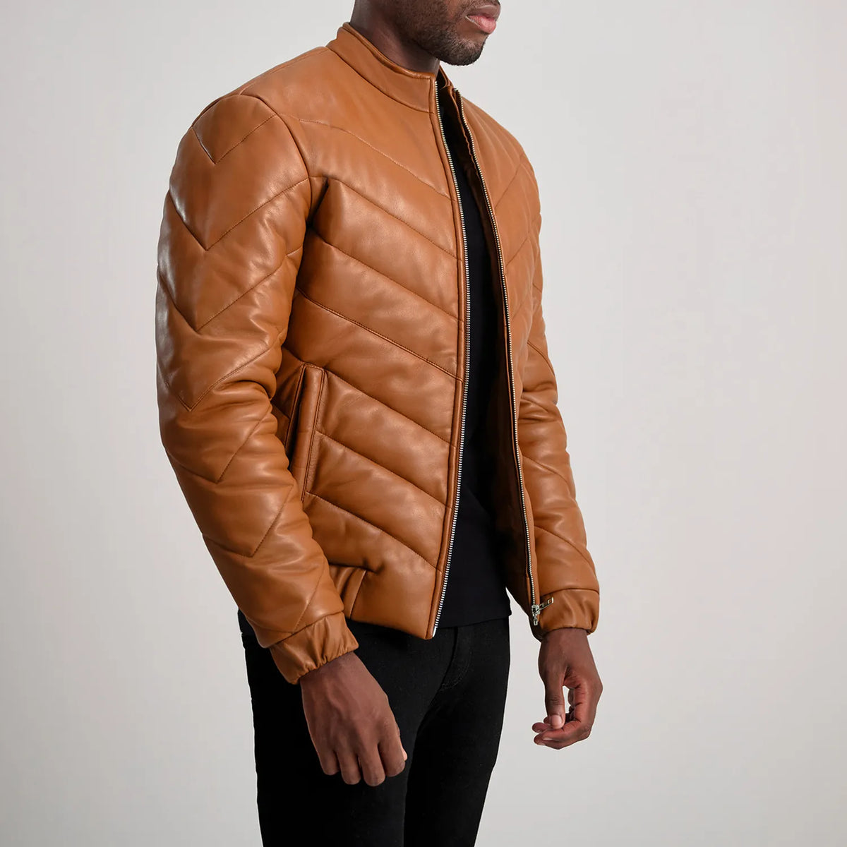 Travis Tan Leather Puffer Jacket - men's jacket in tan sheepskin leather, view 2