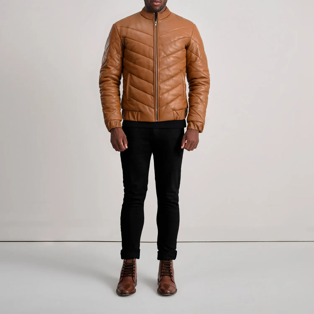 Travis Tan Leather Puffer Jacket - men's jacket in tan sheepskin leather, view 3