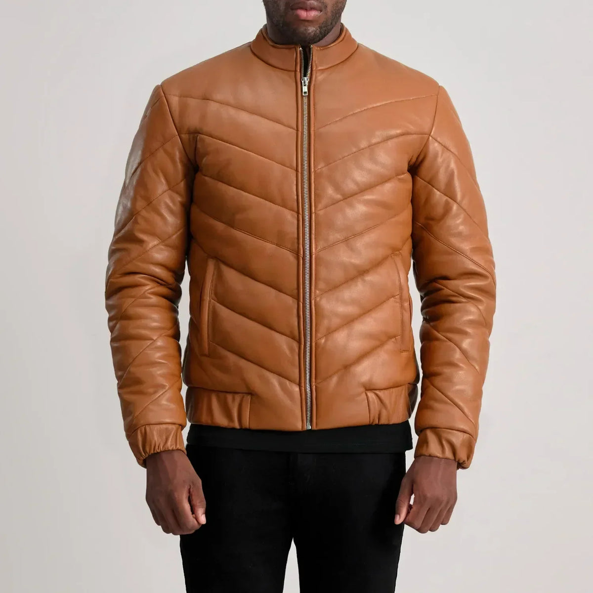 Travis Tan Leather Puffer Jacket - men's jacket in tan sheepskin leather, view 4