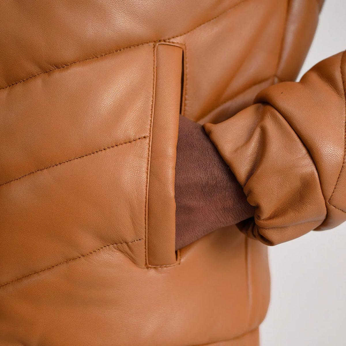Travis Tan Leather Puffer Jacket - men's jacket in tan sheepskin leather, view 6