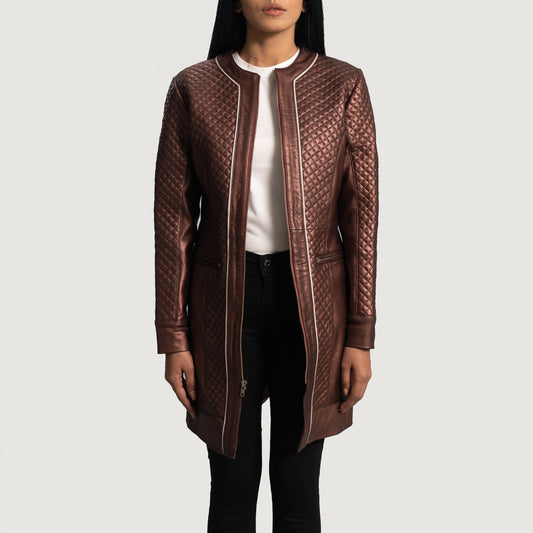 Trudy Lane Quilted Maroon Leather Coat - women's coat in maroon sheepskin leather, view 1