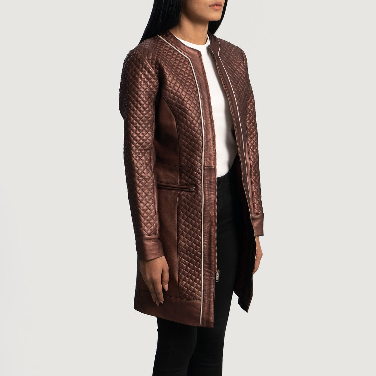 Trudy Lane Quilted Maroon Leather Coat - women's coat in maroon sheepskin leather, view 2