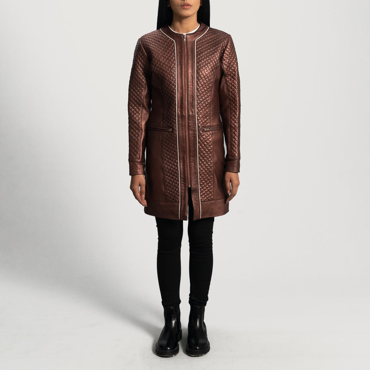 Trudy Lane Quilted Maroon Leather Coat - women's coat in maroon sheepskin leather, view 3