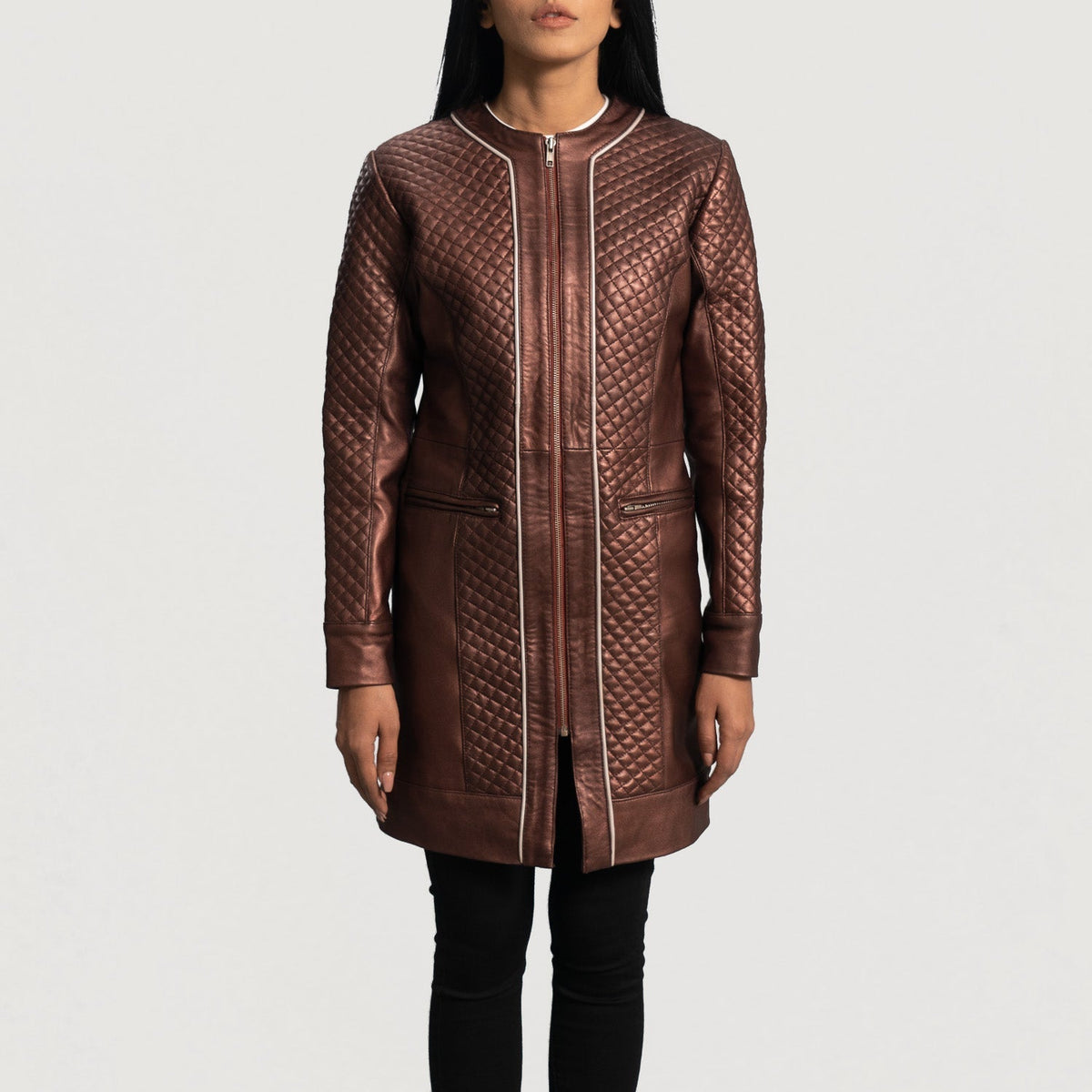 Trudy Lane Quilted Maroon Leather Coat - women's coat in maroon sheepskin leather, view 4
