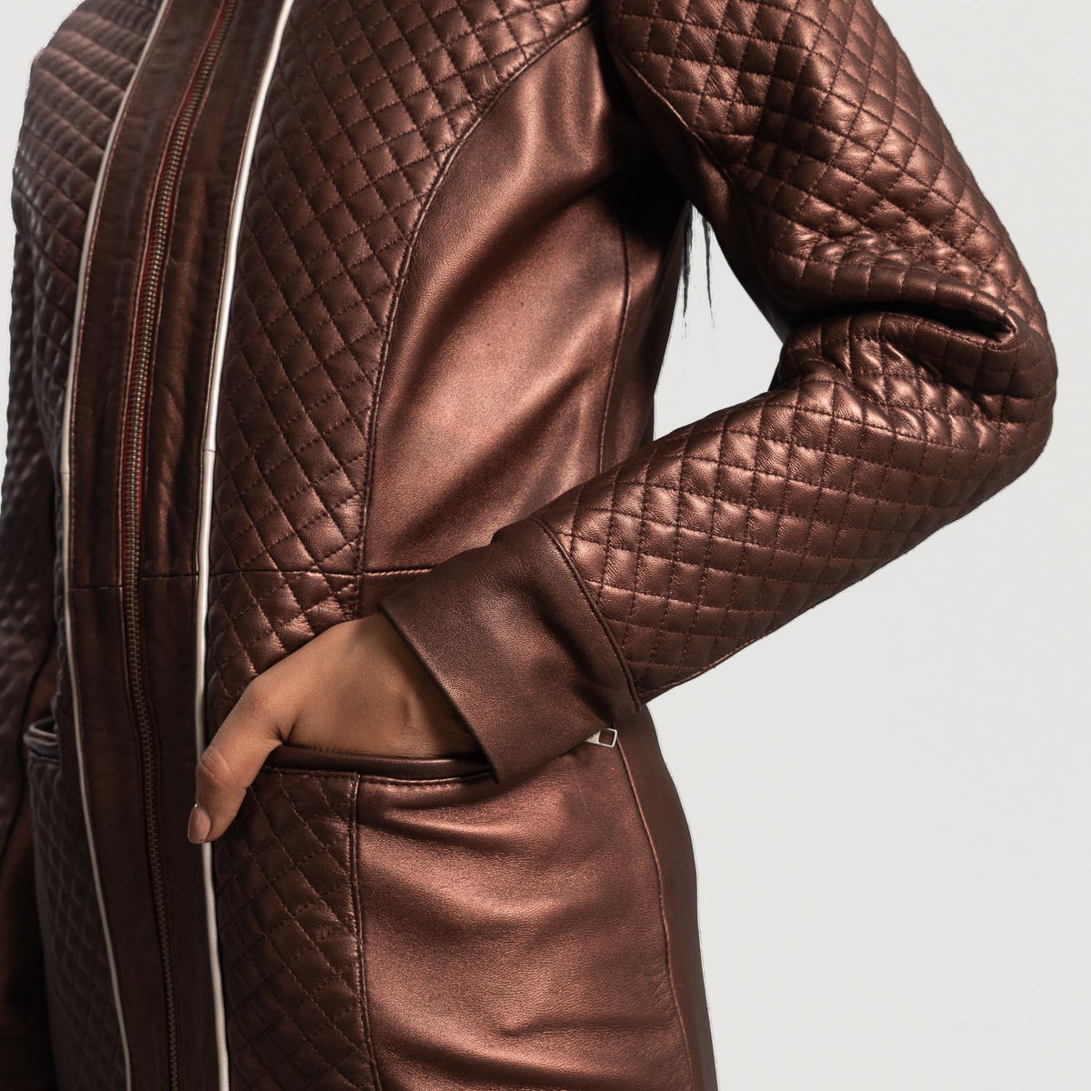 Trudy Lane Quilted Maroon Leather Coat - women's coat in maroon sheepskin leather, view 6