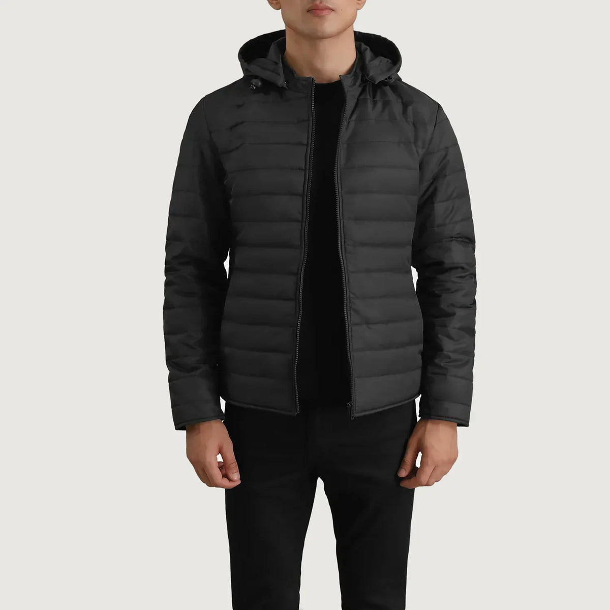 Tyler Black Hooded Puffer Jacket - men's jacket in black nylon-polyester fabric, view 1