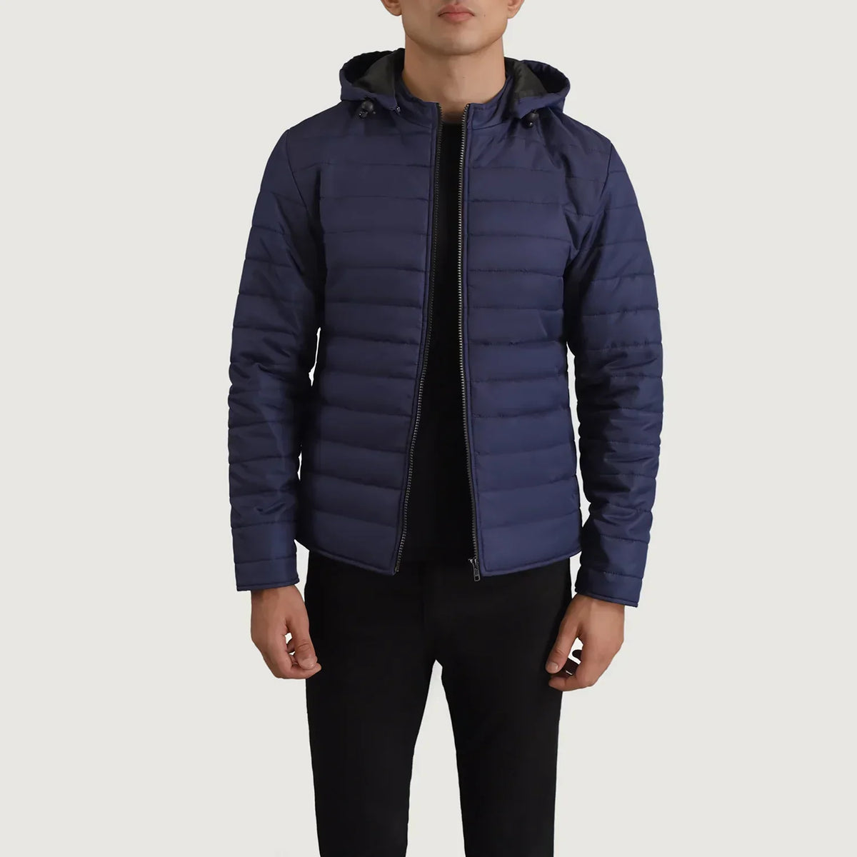 Tyler Blue Hooded Puffer Jacket - men's jacket in blue nylon-polyester fabric, view 1
