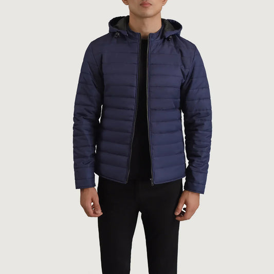 Tyler Blue Hooded Puffer Jacket - men's jacket in blue nylon-polyester fabric, view 1