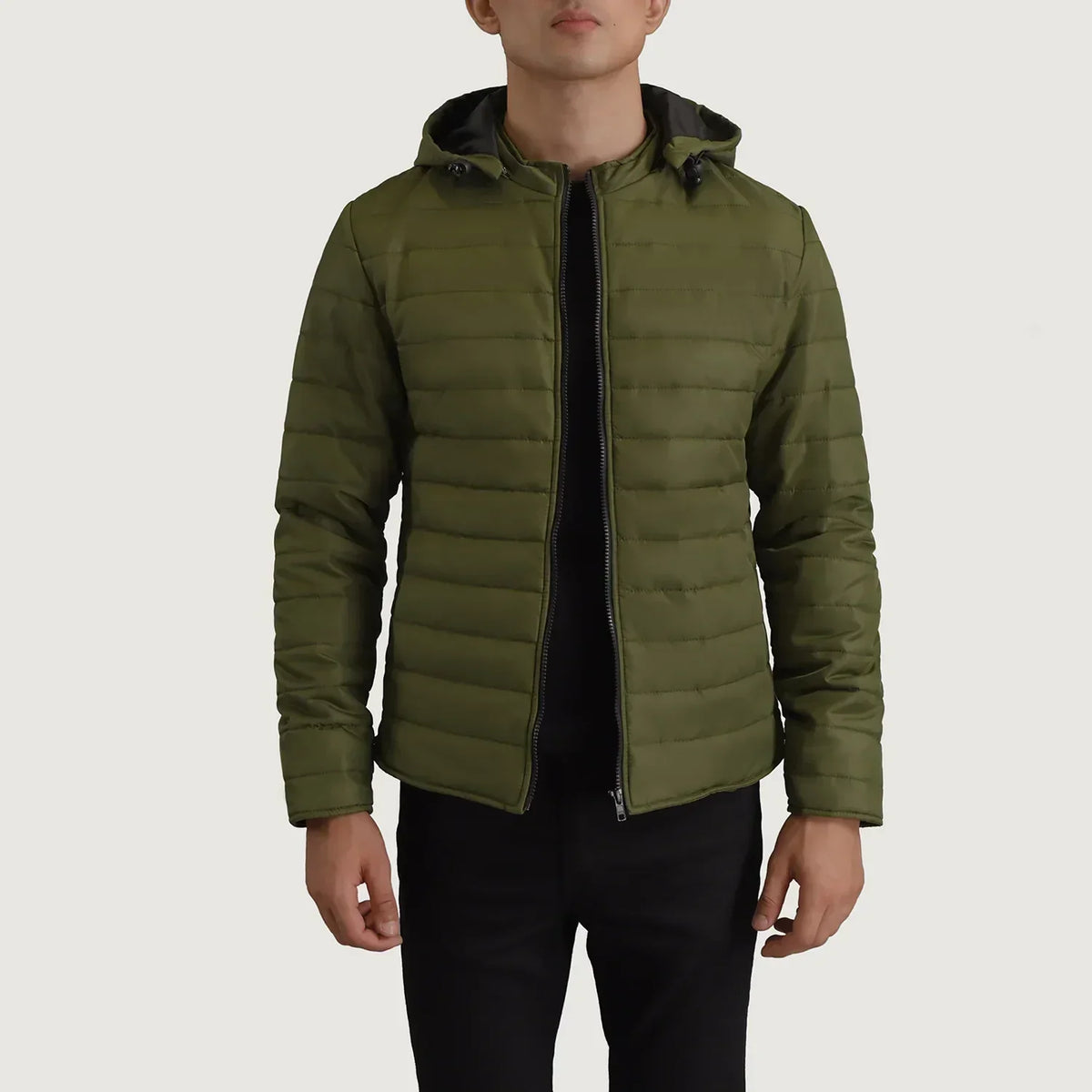 Tyler Green Hooded Puffer Jacket - men's jacket in green nylon-polyester fabric, view 1