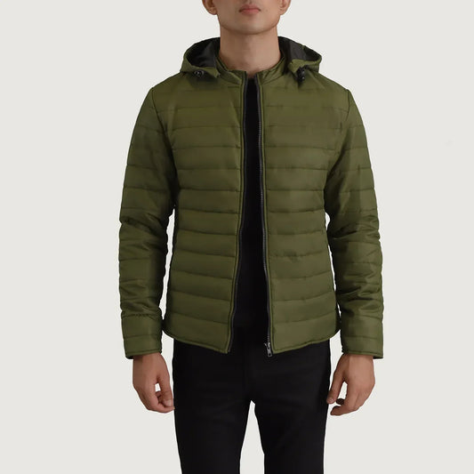 Tyler Green Hooded Puffer Jacket - men's jacket in green nylon-polyester fabric, view 1