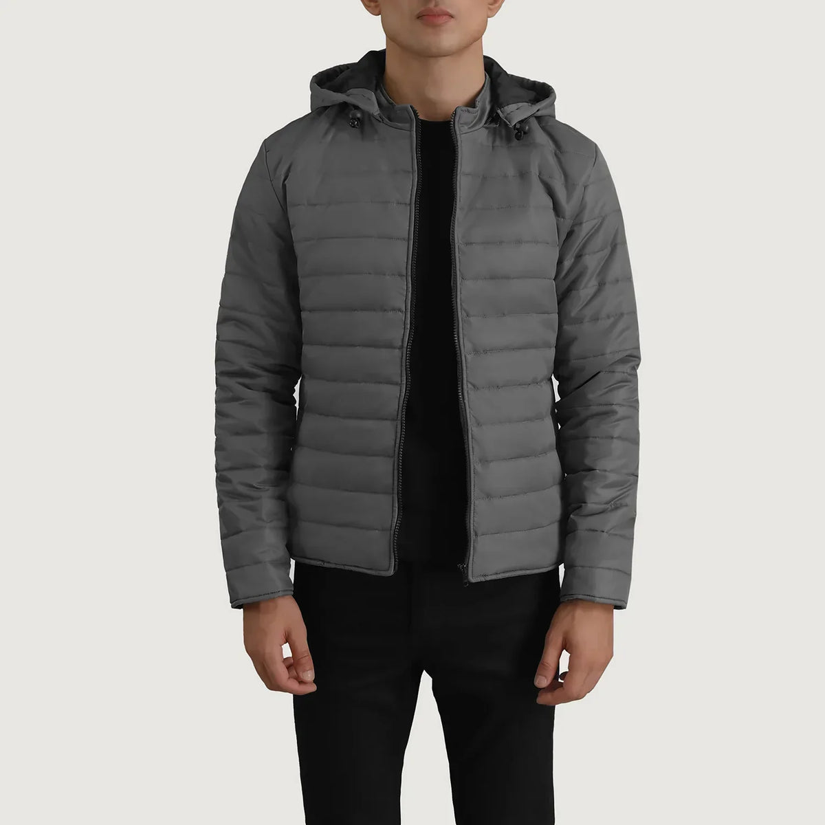 Tyler Grey Hooded Puffer Jacket - men's jacket in grey nylon-polyester fabric, view 1
