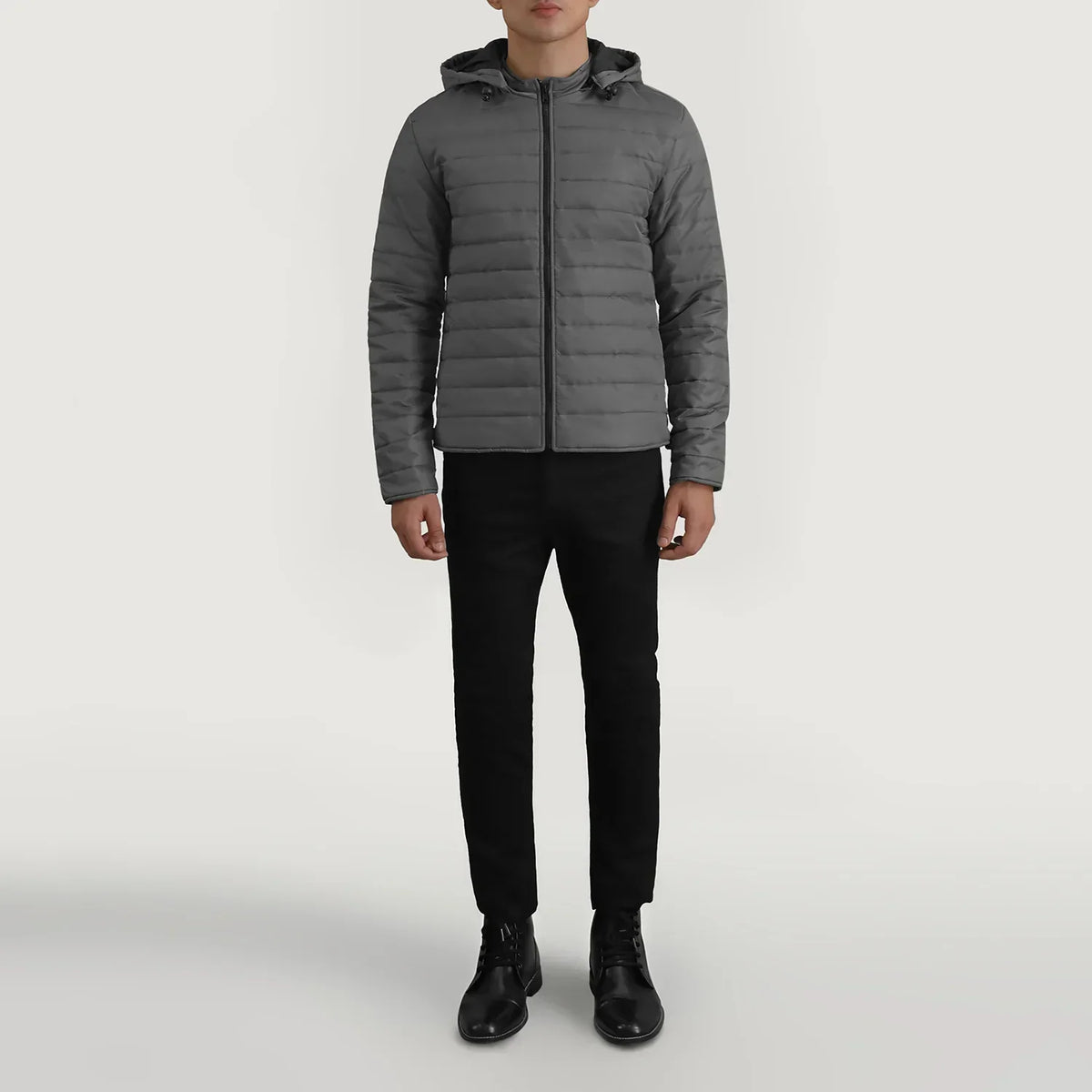 Tyler Grey Hooded Puffer Jacket - men's jacket in grey nylon-polyester fabric, view 3