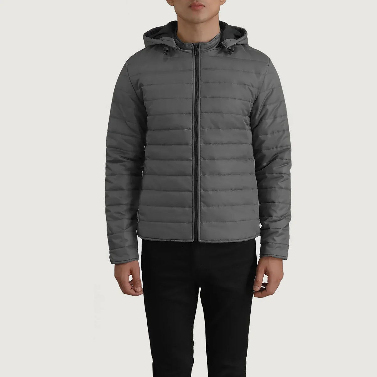 Tyler Grey Hooded Puffer Jacket - men's jacket in grey nylon-polyester fabric, view 4