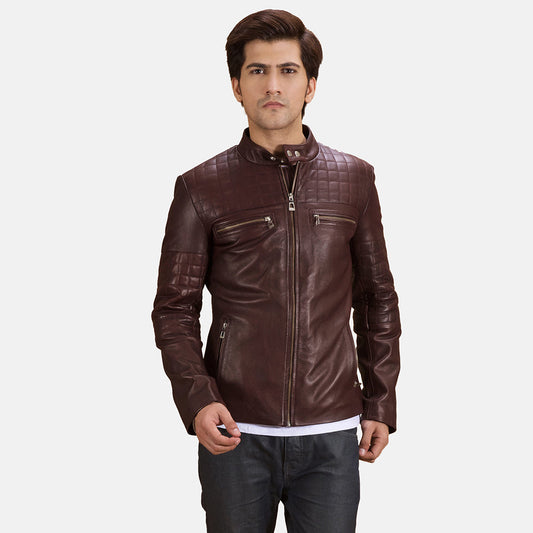 Urbane Quilted Maroon Leather Biker Jacket - men's jacket in maroon sheepskin leather, view 1