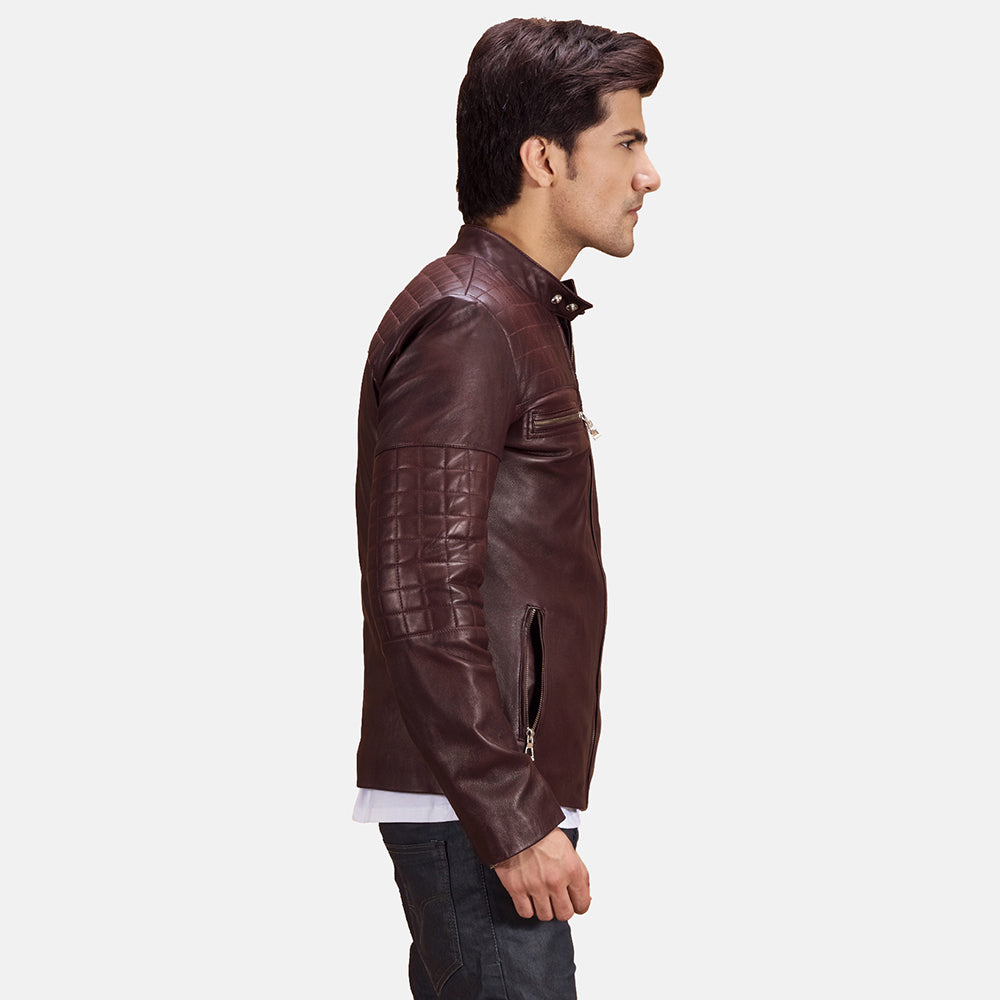 Urbane Quilted Maroon Leather Biker Jacket - men's jacket in maroon sheepskin leather, view 2