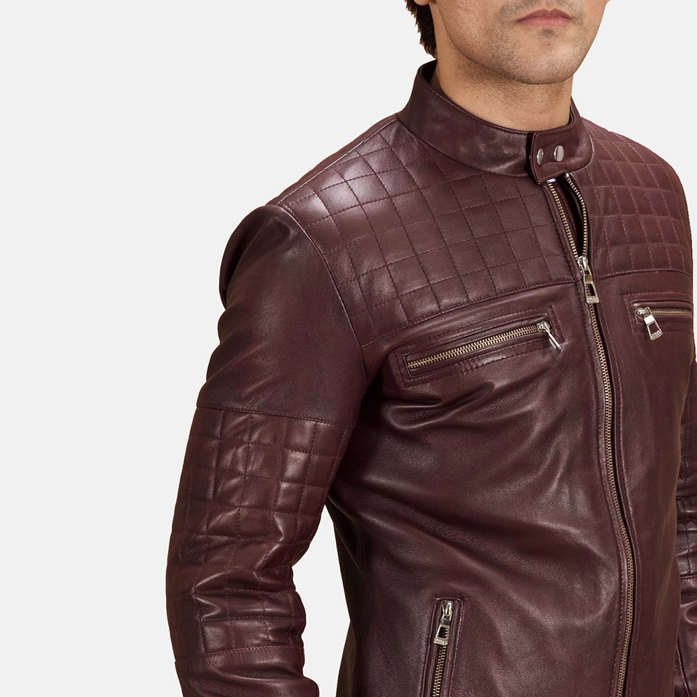 Urbane Quilted Maroon Leather Biker Jacket - men's jacket in maroon sheepskin leather, view 3