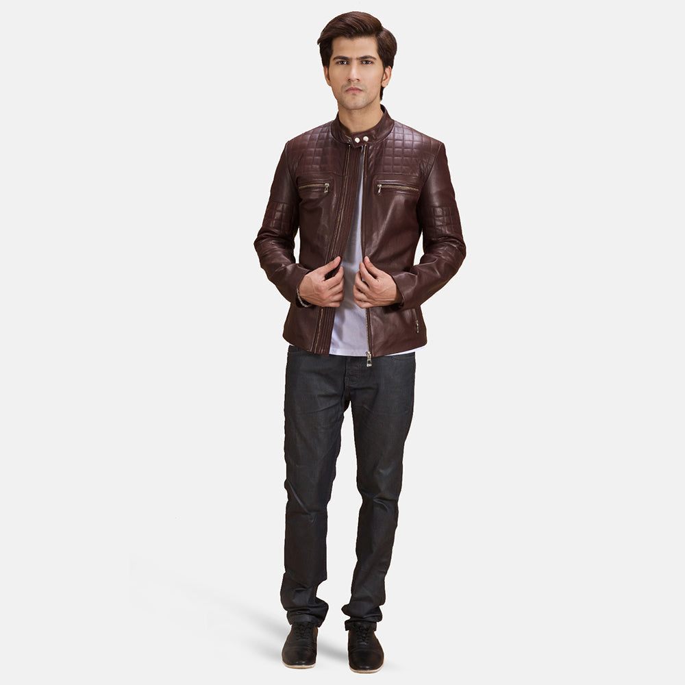 Urbane Quilted Maroon Leather Biker Jacket - men's jacket in maroon sheepskin leather, view 4