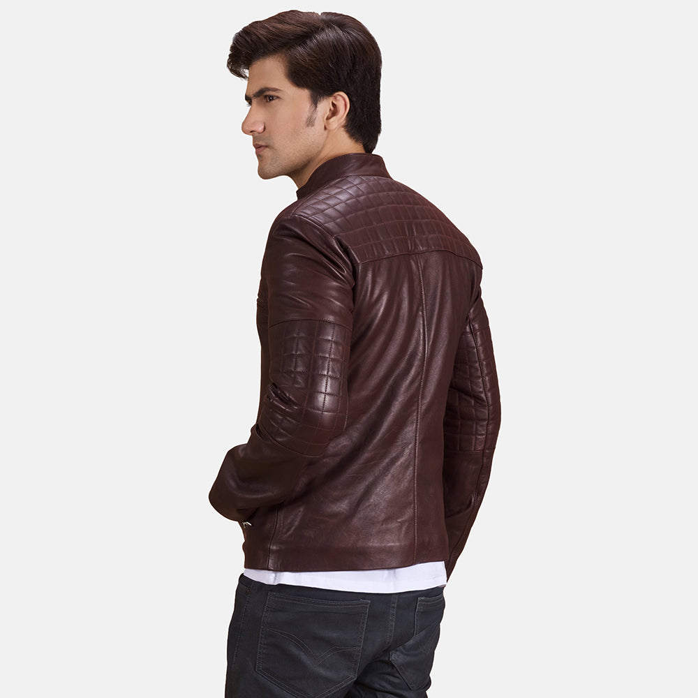 Urbane Quilted Maroon Leather Biker Jacket - men's jacket in maroon sheepskin leather, view 5