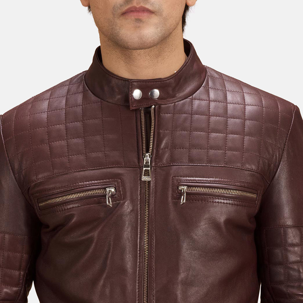 Urbane Quilted Maroon Leather Biker Jacket - men's jacket in maroon sheepskin leather, view 6
