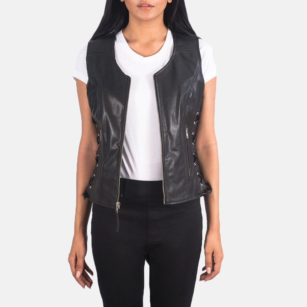 Brex Vanda Black Leather Biker Vest - women's vest in black goatskin leather, view 1