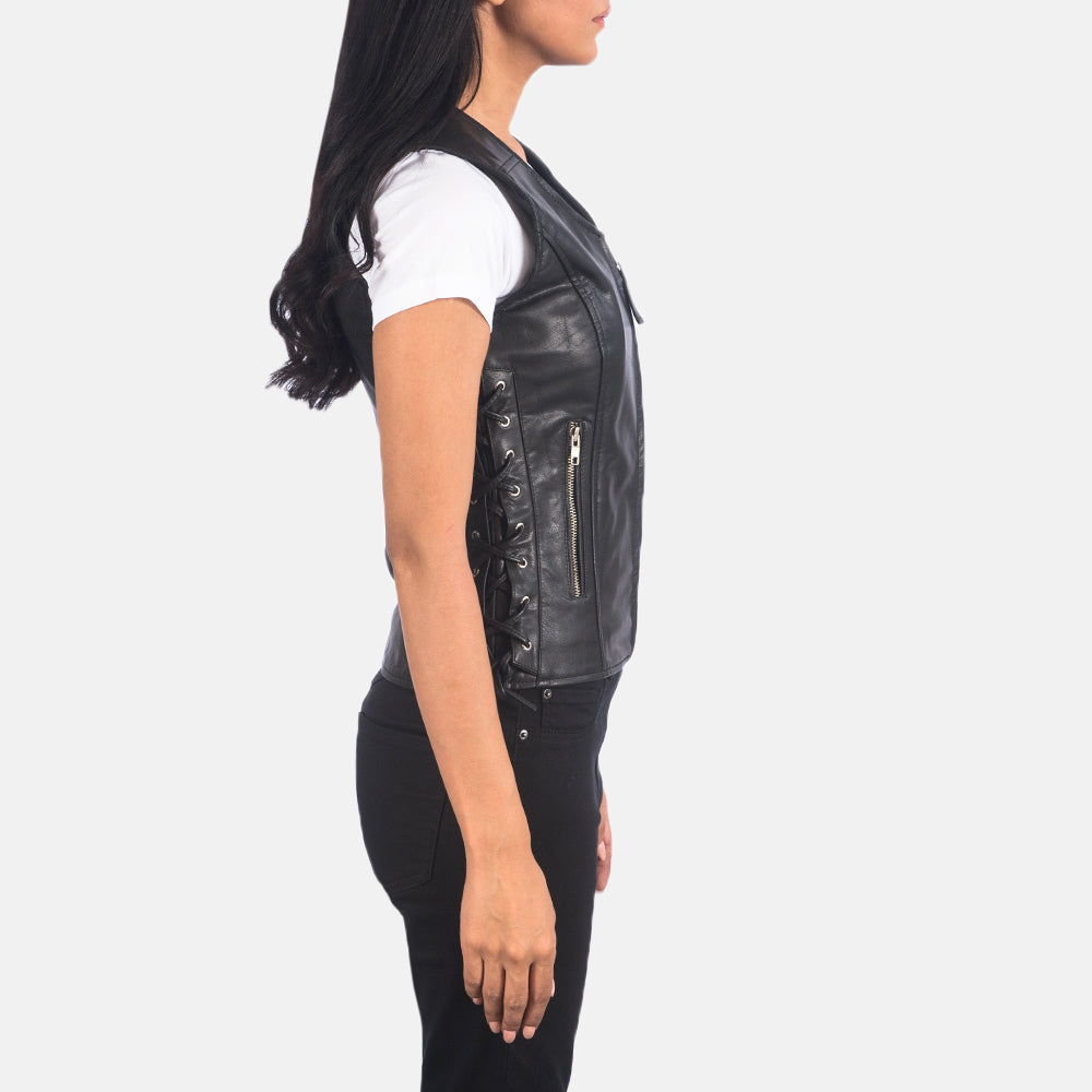 Brex Vanda Black Leather Biker Vest - women's vest in black goatskin leather, view 2