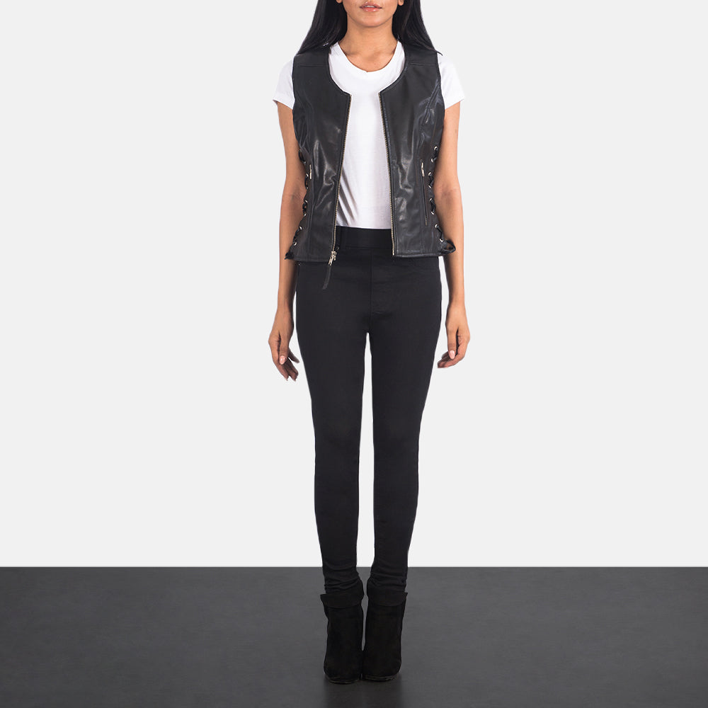 Brex Vanda Black Leather Biker Vest - women's vest in black goatskin leather, view 3
