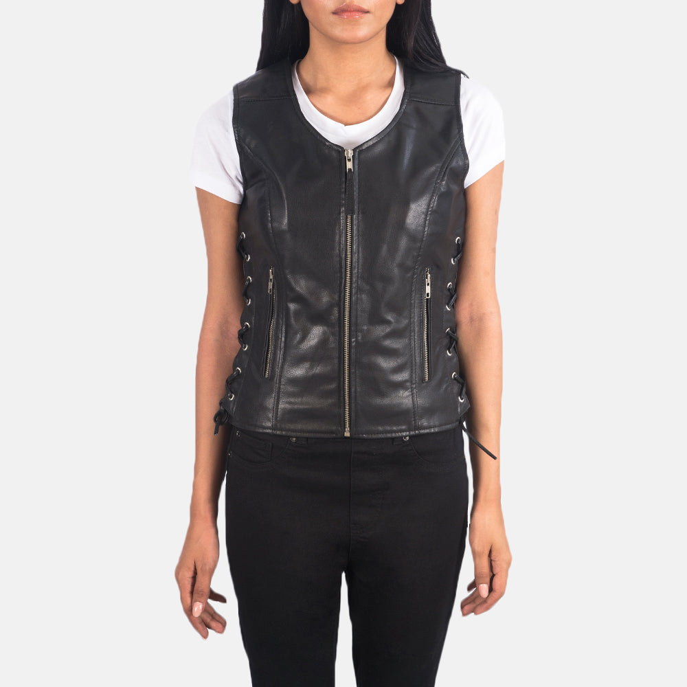 Brex Vanda Black Leather Biker Vest - women's vest in black goatskin leather, view 4