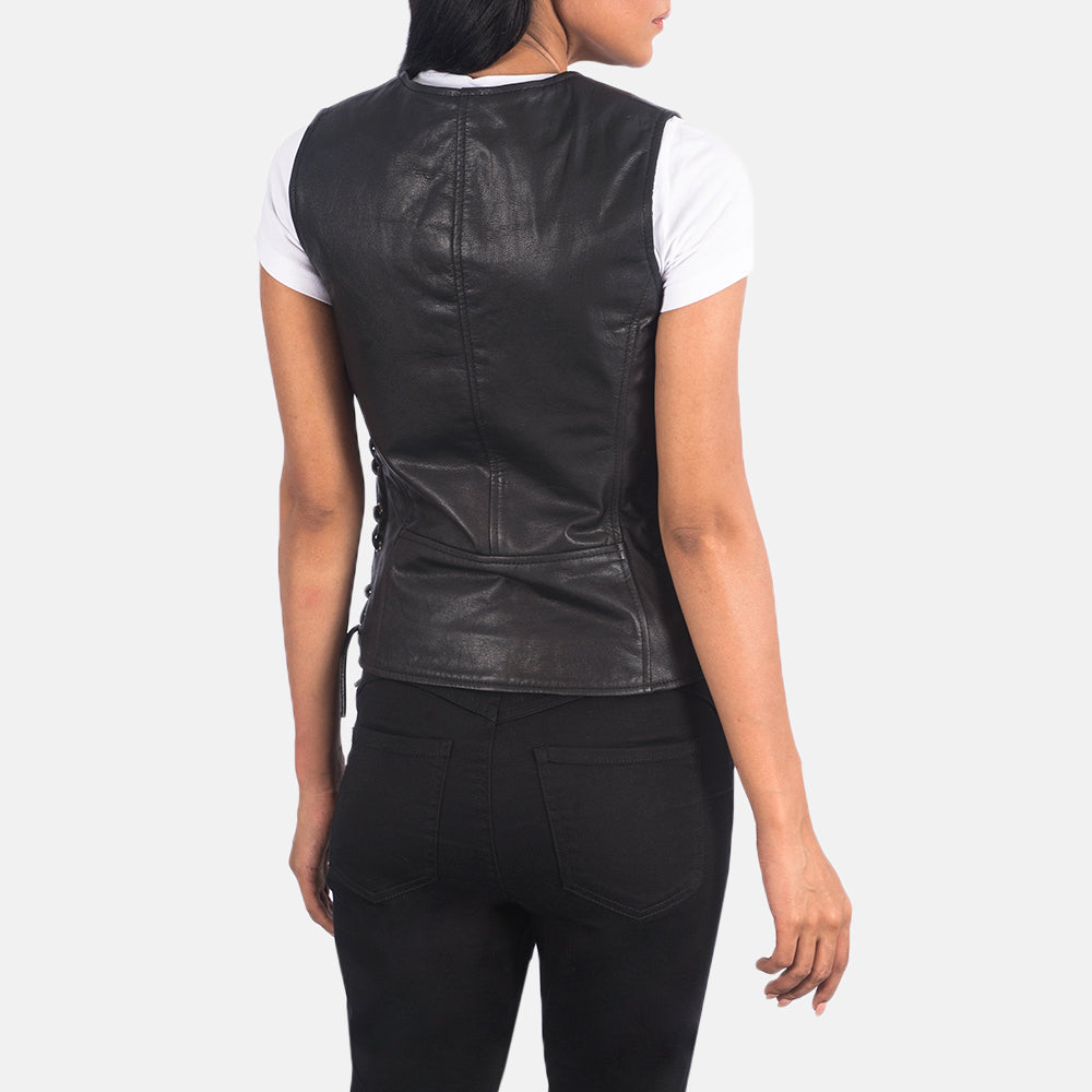 Brex Vanda Black Leather Biker Vest - women's vest in black goatskin leather, view 5