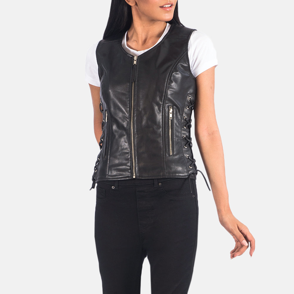 Brex Vanda Black Leather Biker Vest - women's vest in black goatskin leather, view 6