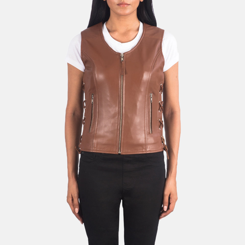 Brex Vanda Brown Leather Biker Vest - women's vest in brown sheepskin leather, view 1