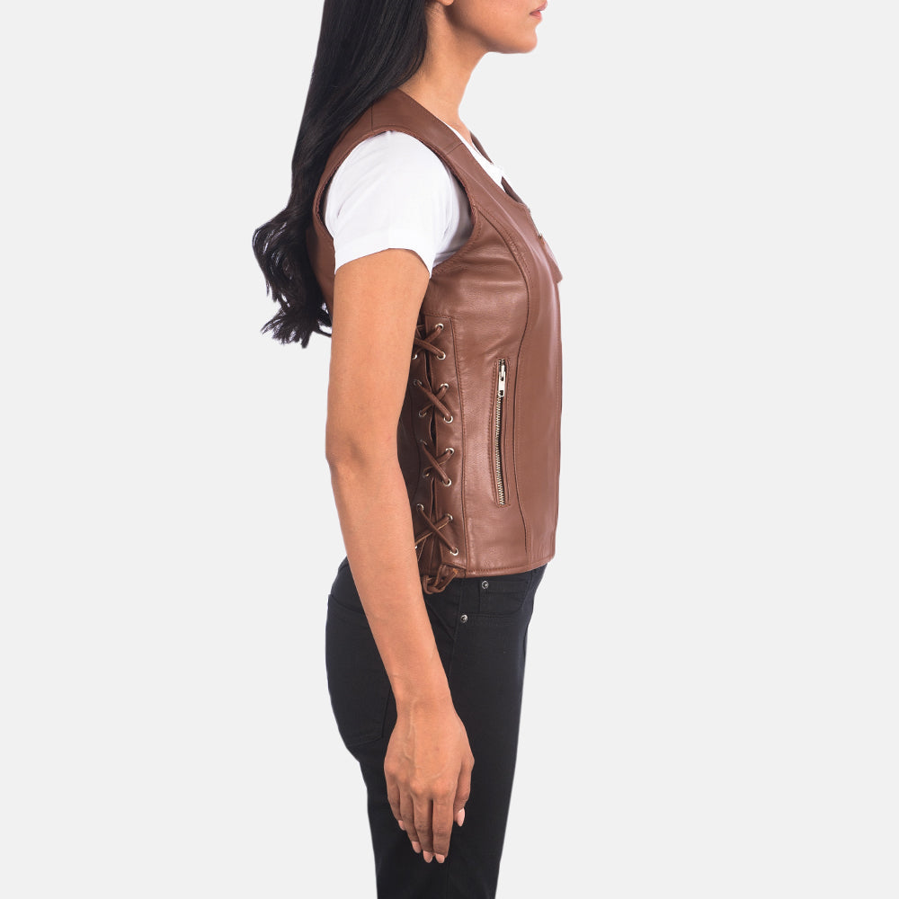 Brex Vanda Brown Leather Biker Vest - women's vest in brown sheepskin leather, view 2