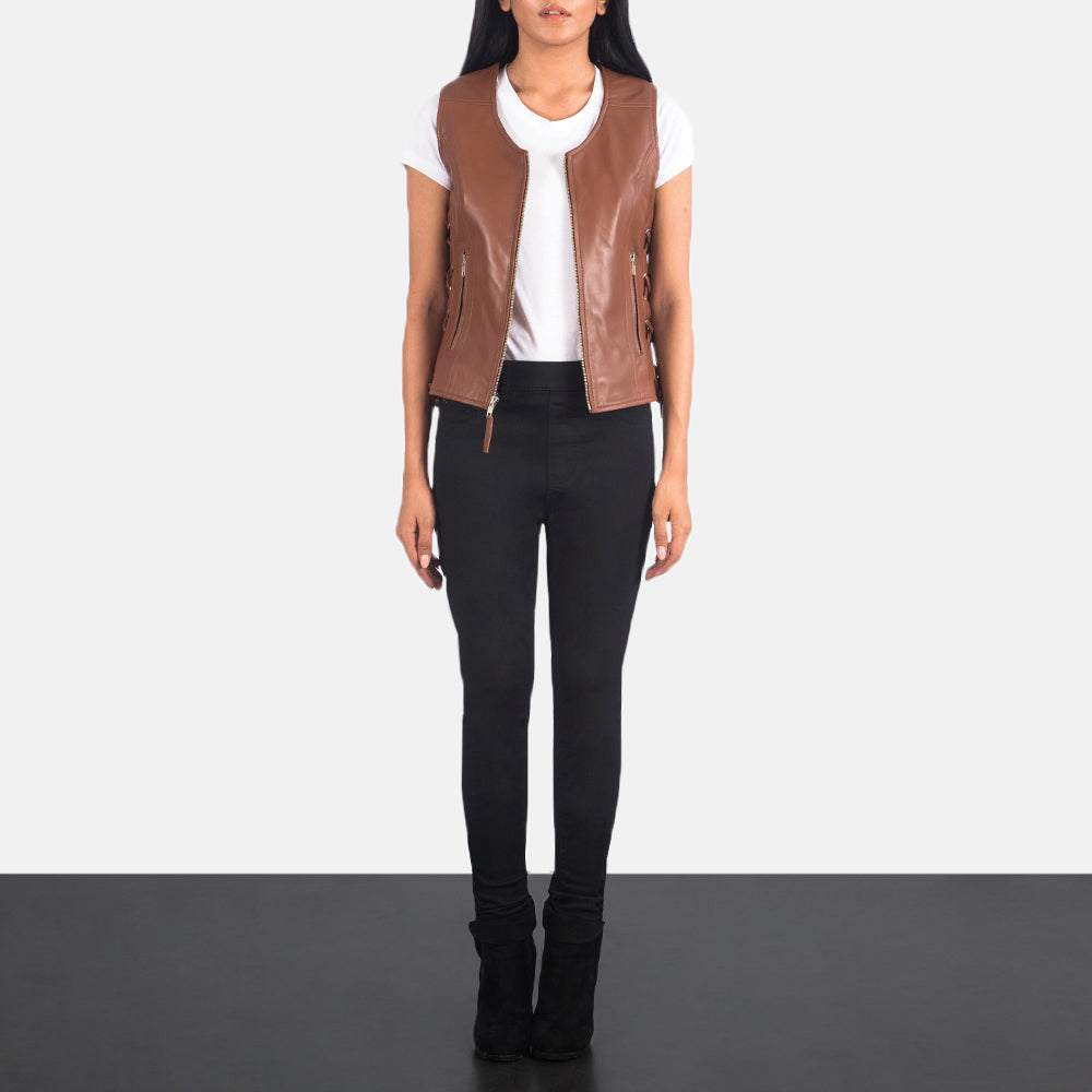 Brex Vanda Brown Leather Biker Vest - women's vest in brown sheepskin leather, view 3