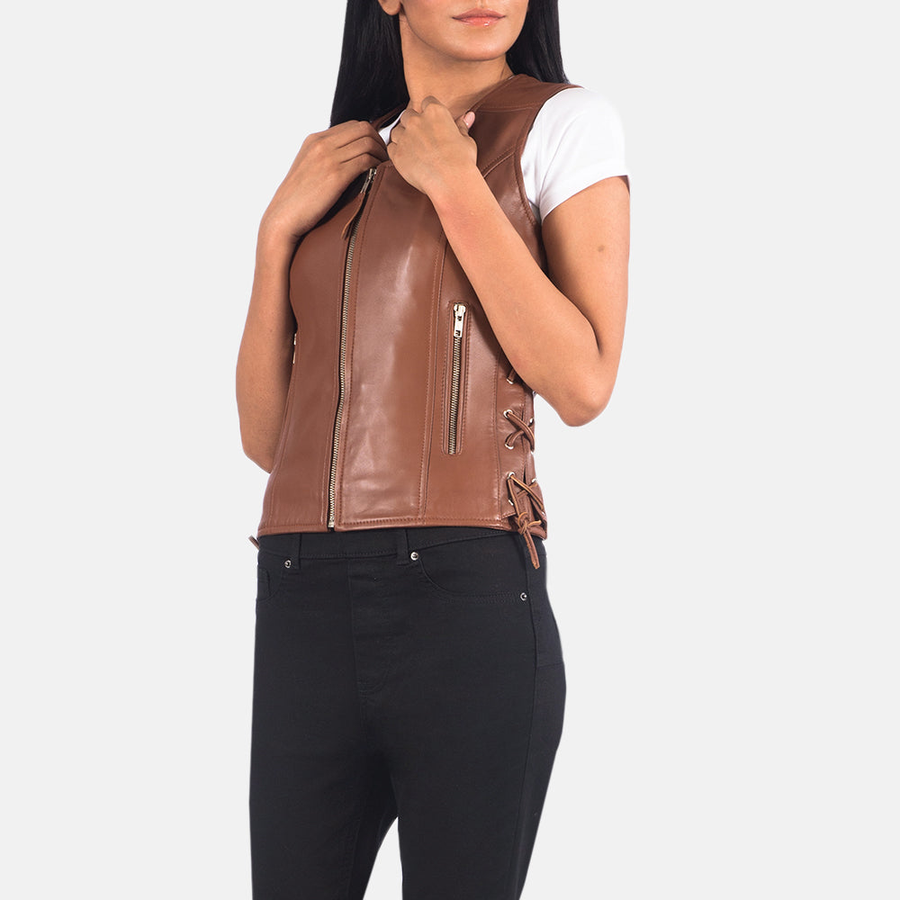 Brex Vanda Brown Leather Biker Vest - women's vest in brown sheepskin leather, view 4