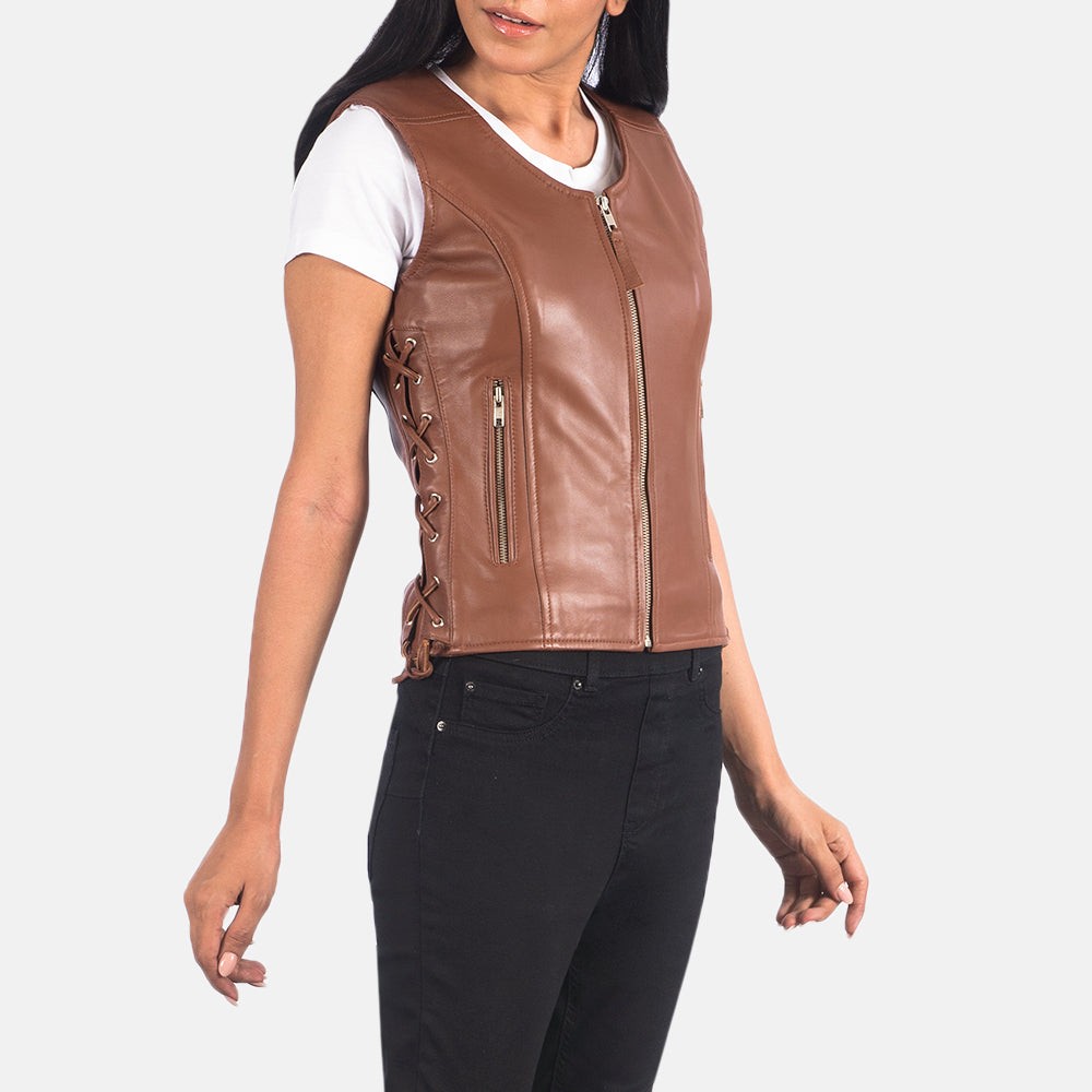 Brex Vanda Brown Leather Biker Vest - women's vest in brown sheepskin leather, view 6
