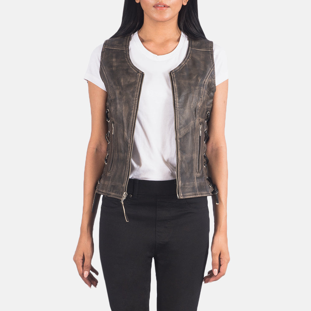 Brex Vanda Distressed Brown Leather Biker Vest - women's vest in brown goatskin leather, view 1