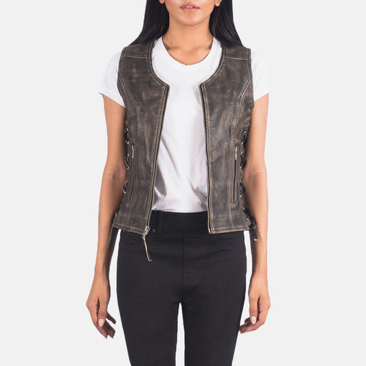 Brex Vanda Distressed Brown Leather Biker Vest - women's vest in brown goatskin leather, view 1